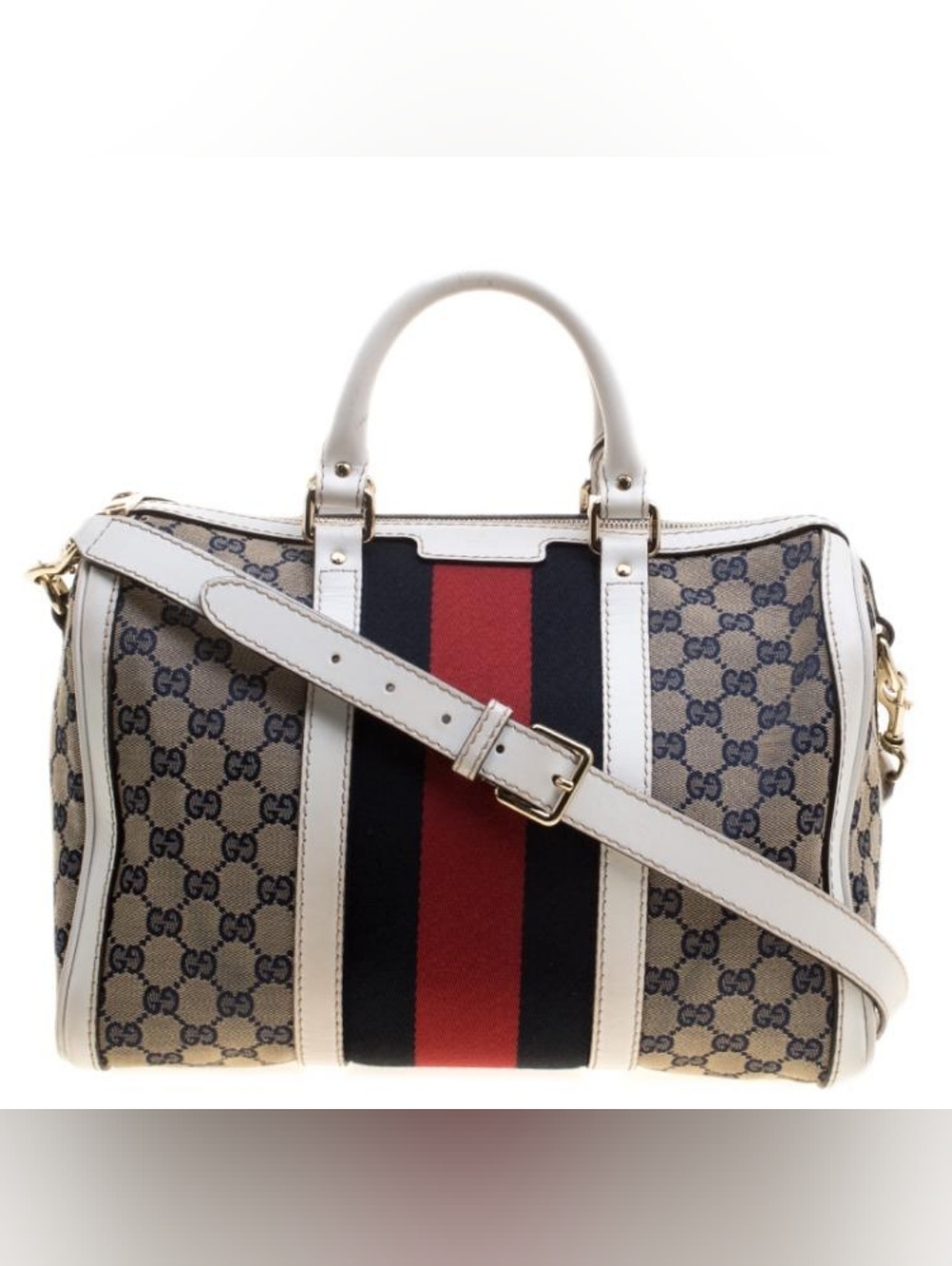 Gucci White/Blue GG Canvas Vintage Web Boston Bag